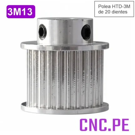 Polea HTD-3M 20 dientes, modelo BF, compatible con faja de 15mm y eje de 8mm. En aluminio alta precisión.