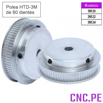 Polea HTD-3M 60 dientes y 15mm de ancho, disponible para ejes de 6.35mm, 8mm y 14mm.