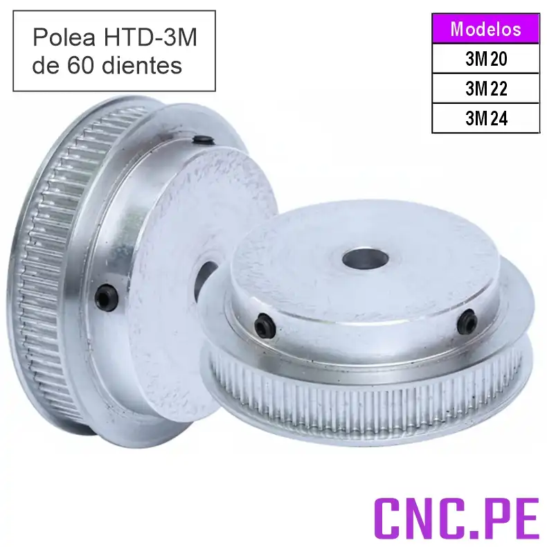 3M202224 GENERAL Polea HTD-3M 60 dientes y 15mm de ancho, disponible para ejes de 6.35mm, 8mm y 14mm.