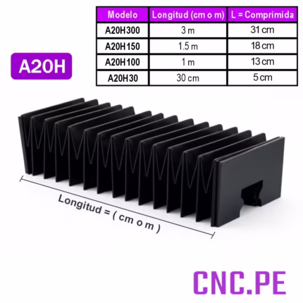 Protege tus guías lineales con acordeón para riel de HGR20 alta calidad. Disponible en 30 cm, 1 m, 1.5 m y 3 m.