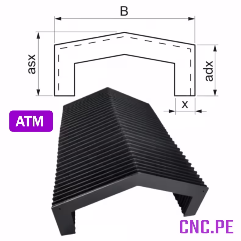 ATM Guarda de fuelle tipo acordeón 6m. Protege tus máquinas CNC del polvo, agua y aceite. Fabricada en Nylon-PVC resistente.
