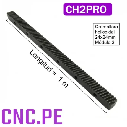 Cremallera helicoidal 24x24mm módulo 2 Para CNC y sistemas de movimiento lineal, con dientes helicoidales y agujeros para empernar.