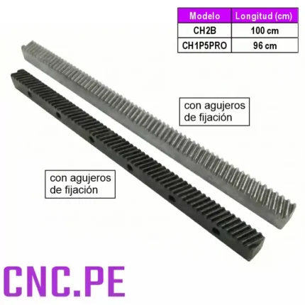 Cremallera helicoidal, ideal para ejes largos, alta rigidez y precisión. Disponible en 1 m y 96 cm de longitud.