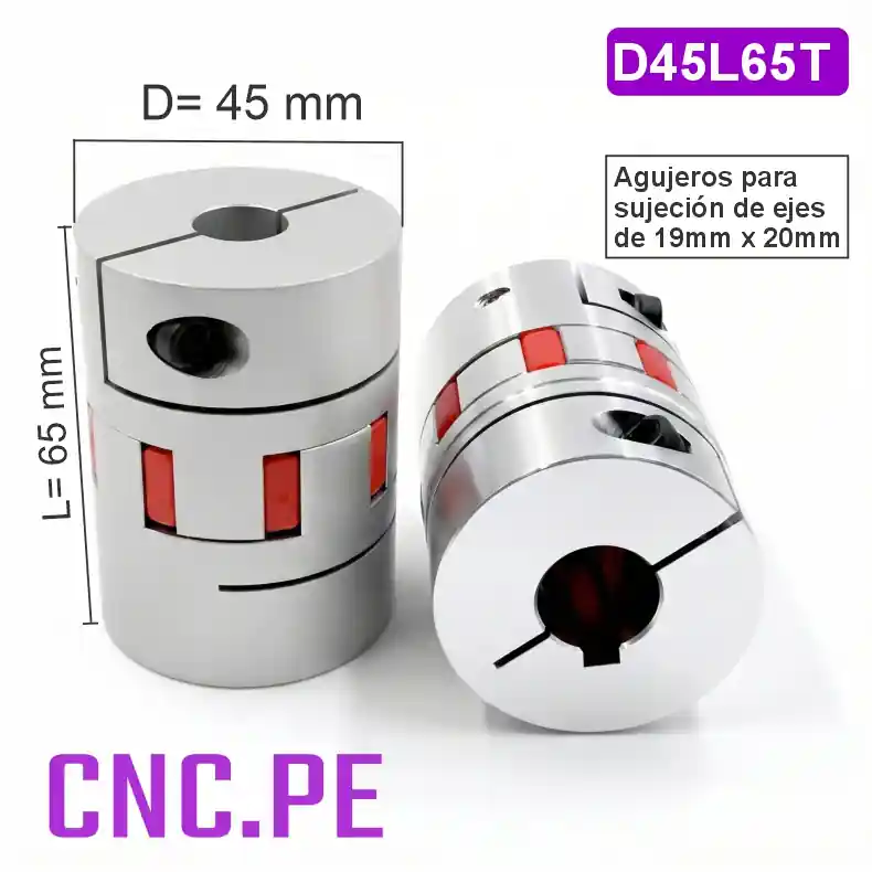 D45L65T - Acople de quijada D45L65 (19mm x 20mm) con chavetero 6mm Acople de quijada ideal para motores NEMA 34, servos y tornillos de bolas.
