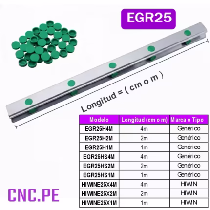 Guías lineales cuadradas EGR25 clase H, genéricas o HIWIN. Alta precisión y rigidez.