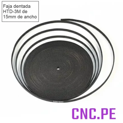 Faja dentada HTD-3M 15mm de ancho, fabricada en PU con alma de acero o hilos de nylon.