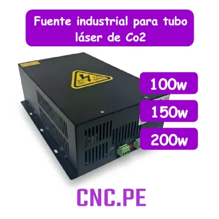 Fuentes industriales para tubo láser CO2 HY-TA100 (100W), HY-TA150 (150W) y HY-W200 (200W). Alta eficiencia, vida útil 30,000 horas, compatibles con EFR, RECI, YONGLI, WEEGAINT y más.