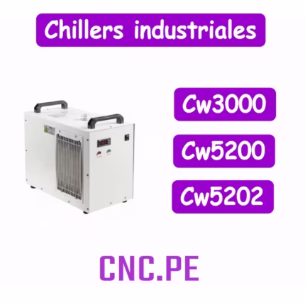 Chiller industrial CW3000, CW5200 y CW5202 para CNC láser y motores spindle. Soluciones de refrigeración eficientes para tubos láser CO2 de 40-150W.