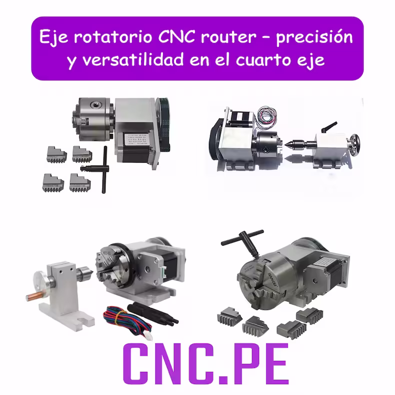 Eje rotatorio CNC router – precisión y versatilidad en el cuarto eje Eje rotatorio CNC router con motor Nema 17 o Nema 23, modelos de sujeción de hasta 65mm o 100mm, con 3 o 4 garras y apoyo extremo. Ideal como cuarto eje para grabado y torneado en máquinas CNC.