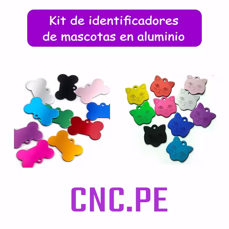 KIT IDENTIFICADORES DE MASCOTA EN ALUMINIO Kit de 10 identificadores para mascotas en aluminio, modelos hueso y cara de gato, disponibles en 10 colores. Ligeros, resistentes y listos para grabar el nombre de tu mascota.