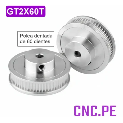Polea dentada GT2-6-60T para faja de 6mm. Modelos con eje de 5mm, 8mm y 10mm.