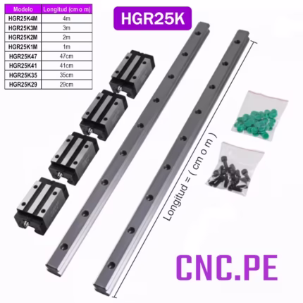 Kit de guías HGR25 con rodamientos HGH25CA. Movimiento lineal preciso, suave y duradero.