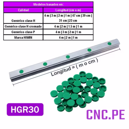 Guías lineales HGR30 de 1 a 4 m, clase H o P, cromadas o HIWIN.