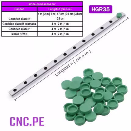 Guías lineales cuadradas HGR35 en distintas longitudes, clases H, P y cromadas, incluyendo versiones marca HIWIN.