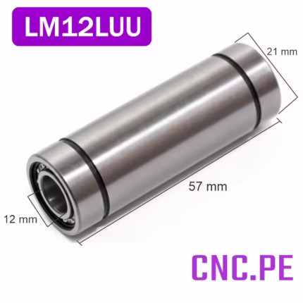 Rodamiento lineal LM12LUU alargado para ejes de 12 mm. Ofrece alta precisión, estabilidad y bajo desgaste para CNC.