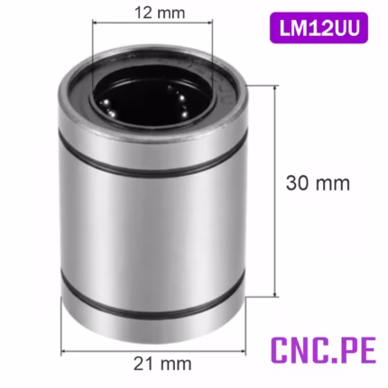 Rodamiento lineal LM12UU para ejes de 12 mm, ideal para CNC, impresoras 3D y automatización.