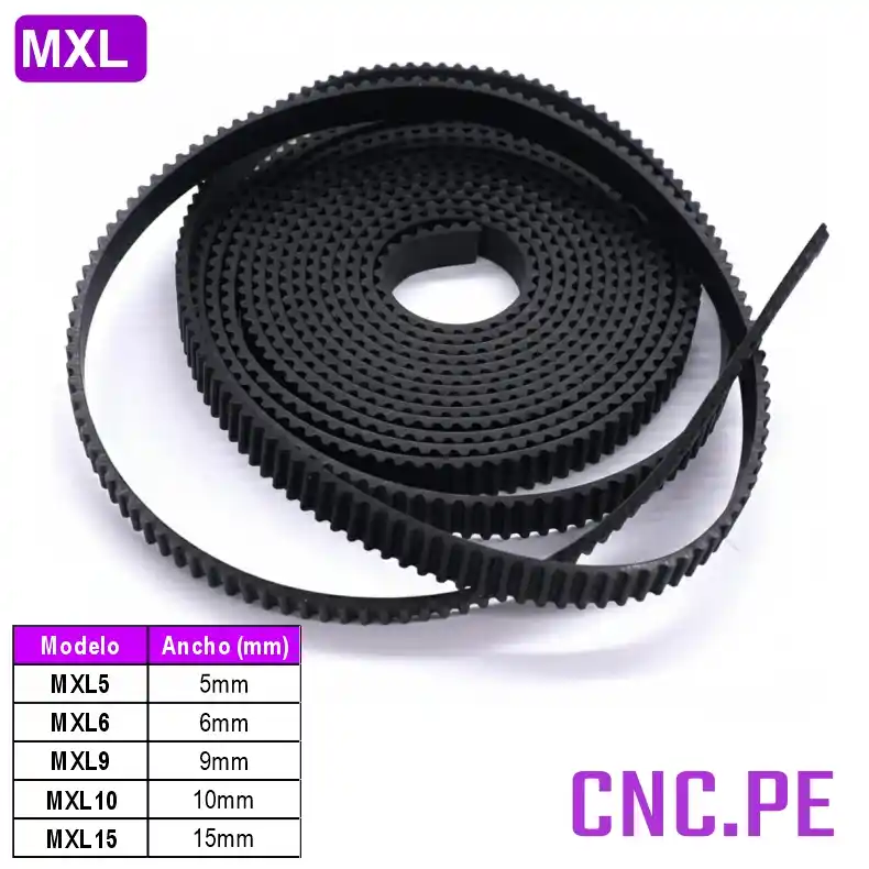 MXL Faja MXL de 1 metro con paso 2.032mm disponible en anchos de 5mm, 6mm, 9mm, 10mm y 15mm.