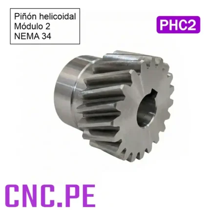 Piñón helicoidal módulo 2 ideal para motores NEMA 34 en sistemas CNC de movimiento lineal por cremallera.