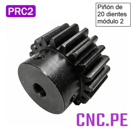 Piñón recto módulo 2 de 20 dientes, ideal para motores NEMA 23 y sistemas CNC con transmisión piñón-cremallera.