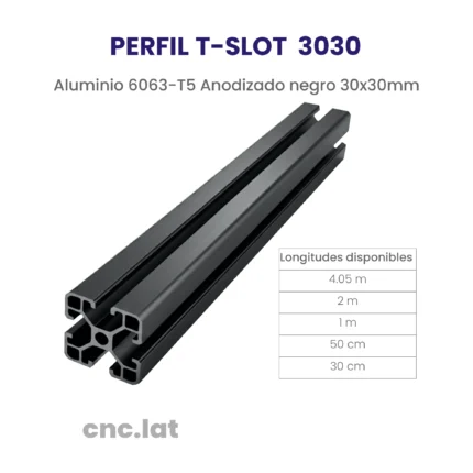 Perfil de aluminio T-SLOT 3030 negro en varias medidas para estructuras modulares, CNC.