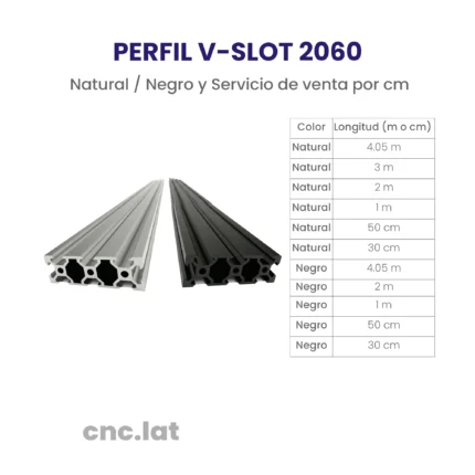 Perfil de aluminio V-SLOT 2060 en diferentes medidas y colores (natural y anodizado negro).