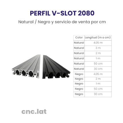 Perfil de aluminio V-SLOT 2080, Disponible en natural y negro, varias longitudes.