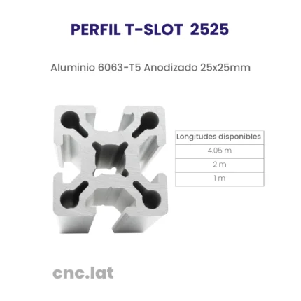 Perfil de aluminio 2525 disponible en longitudes de 1m, 2m y 4.05m. Resistentes y ligeros.