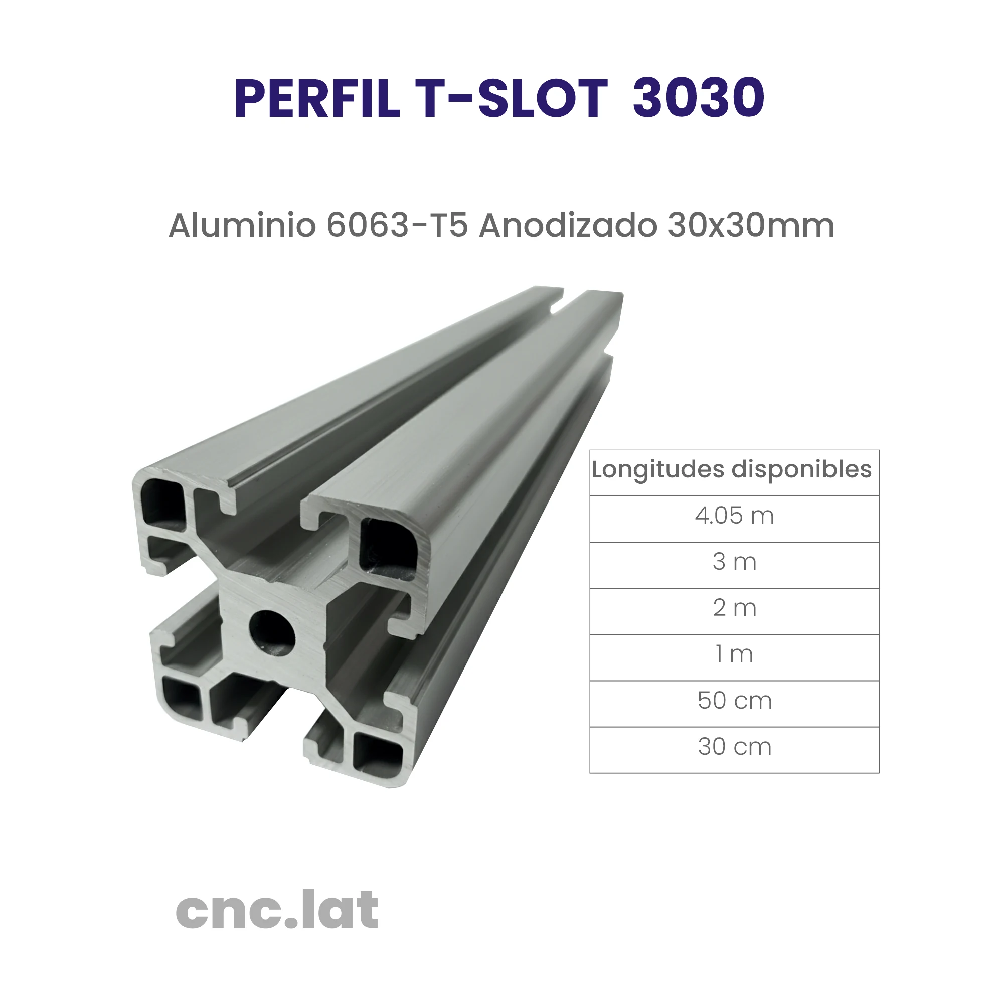Perfil de aluminio 3030 - Medidas desde 30cm hasta 4.05m Perfil de aluminio T-SLOT 3030 en longitudes de 30 cm a 4.05 m. Para CNC, stands, marcos y estructuras modulares.