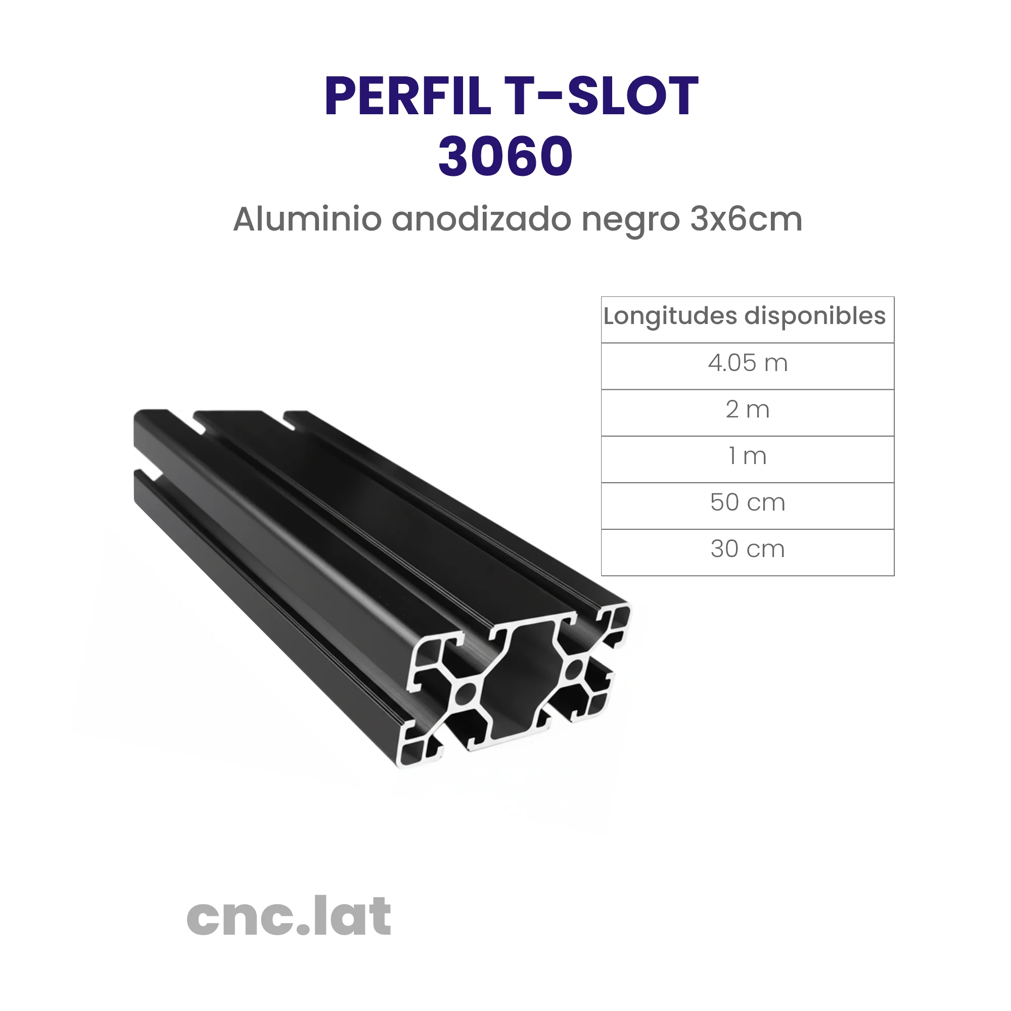 Perfil de aluminio 3060 negro – variedad de medidas perfil de aluminio T-SLOT 3060 Disponible en largos de 4.05m, 2m, 1m, 50cm y 30cm. Resistente y versátil.
