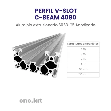 Perfil de aluminio V-SLOT C-BEAM en diferentes largos (4m, 3m, 2m, 1m, 50cm, 30cm). Y venta por cm.