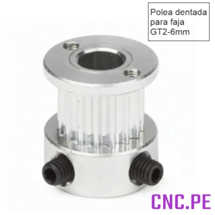 Poleas dentadas GT2 de 16 dientes para fajas de 6mm. Disponibles para ejes de 3.175mm, 4mm, 5mm, 6mm y 6.35mm.
