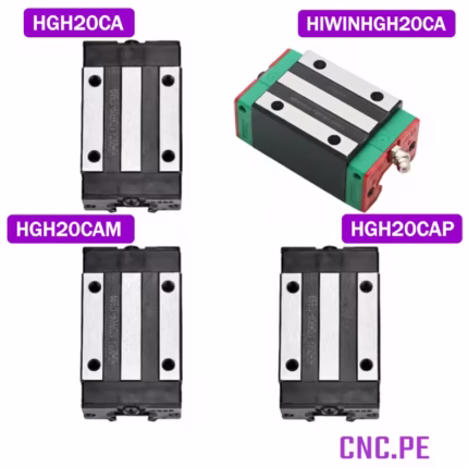 Rodamientos lineales HGH20CA y HGH20CAM para guía cuadrada HGR20. Disponibles en versiones genéricas, HIWIN y clase P.