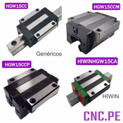 Rodamientos lineales HGW15CC y HIWIN HGW15CA para guía HGR15. Alta precisión, suavidad y durabilidad.