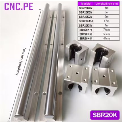 Juego de 2 guías SBR20 con eje cromado y 4 rodamientos SBR20UU. Disponibles de 44 cm a 4 m.