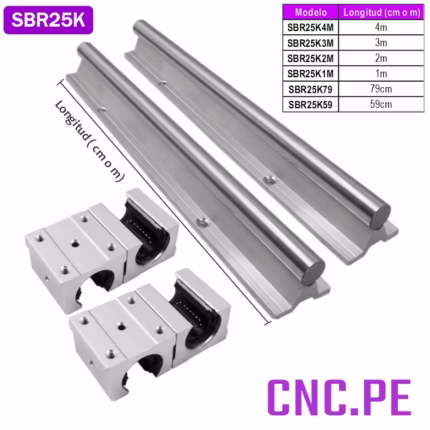 Juego de 2 guías SBR25 con eje cromado y rodamientos SBR25UU. Alta precisión y suavidad para CNC.