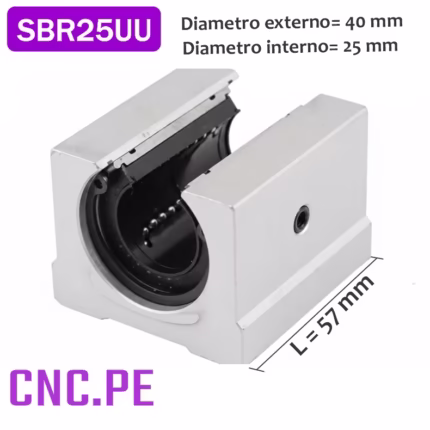 Rodamiento lineal SBR25UU para guía SBR25, para sistemas CNC y automatización.