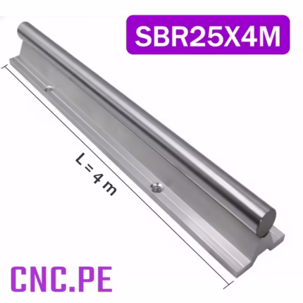 Guía lineal SBR25 de 4 m con eje cromado y pedestal de aluminio. Ideal para CNC de gran formato, alta precisión y excelente rigidez estructural.