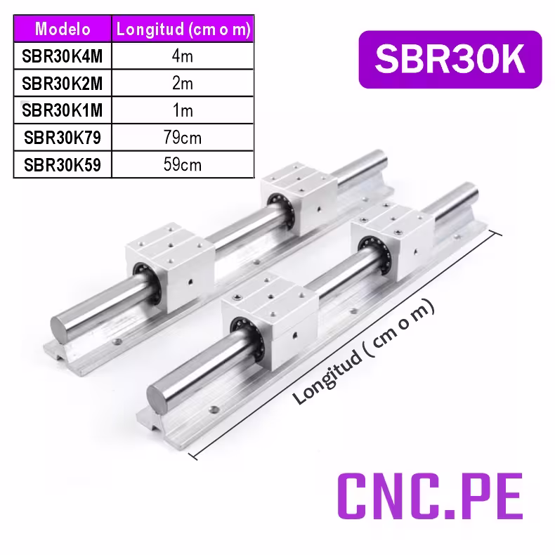 SBR30K Juego de guías SBR30 con eje cromado y 4 rodamientos SBR30UU. Alta rigidez, precisión y durabilidad para sistemas CNC.