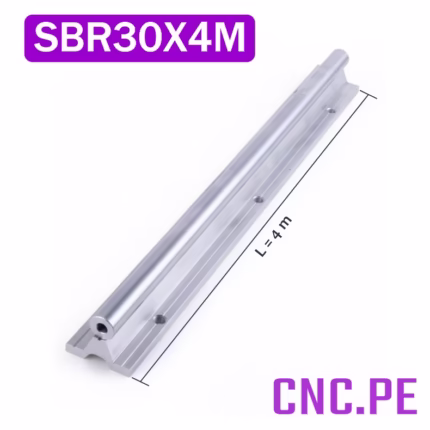 Guía lineal SBR30 de 4 m con eje cromado de 30 mm y pedestal de aluminio. Alta rigidez y precisión para sistemas CNC industriales.