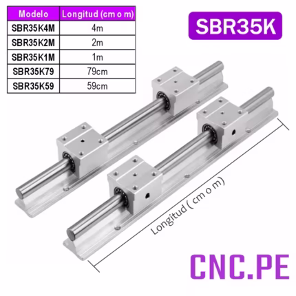 Juego de 2 guías SBR35 con rodamientos SBR35UU, ideales para máquinas CNC. Movimiento preciso.