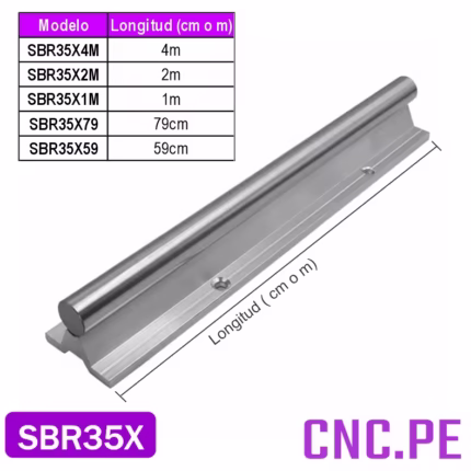 Guía lineal SBR35 cromado de 35 mm y pedestal de aluminio. Para máquinas CNC, garantiza, rigidez y durabilidad.