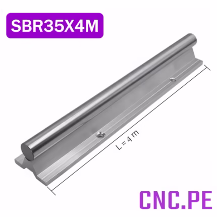 Guía SBR35 de 4 metros con eje cromado Ø35 mm y pedestal de aluminio. Perforaciones cada 200 mm para fijación precisa y gran rigidez estructural.