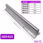 Guía lineal SBR40 cromado de 40mm y pedestal de aluminio. Disponible en longitudes de 4m, 2m, 1m, 79cm y 59cm.