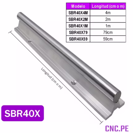 Guía lineal SBR40 cromado de 40mm y pedestal de aluminio. Disponible en longitudes de 4m, 2m, 1m, 79cm y 59cm.