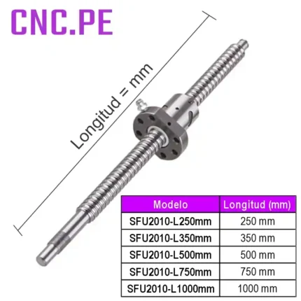 Tornillo de bolas, ideal para CNC. Diámetro 20 mm, paso 10 mm, con tuerca SFU2010-4 de 4 hileras. Longitudes disponibles.