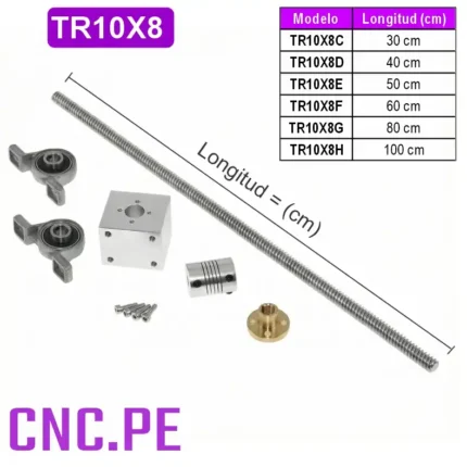Set de Tornillo Trapezoidal TR10x8 completo con tuerca, chumaceras, acople y carcasa TR10H.
