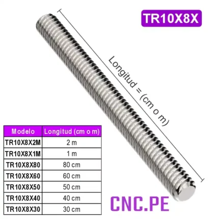 Husillo trapezoidal TR10x8mm de alta precisión para sistemas de transmisión lineal CNC. Disponible en longitudes de 30cm a 2m.
