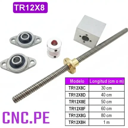 Set de tornillo trapezoidal TR12x8 con tuerca, chumaceras, acople y soporte TR12H.