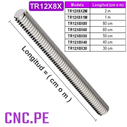 Husillo trapezoidal TR12x8mm con tuerca compatible.