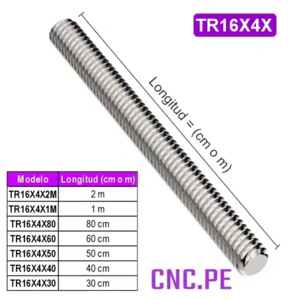 Husillo trapezoidal TR16x4mm con tuerca. para sistemas CNC, impresoras 3D y equipos de automatización.